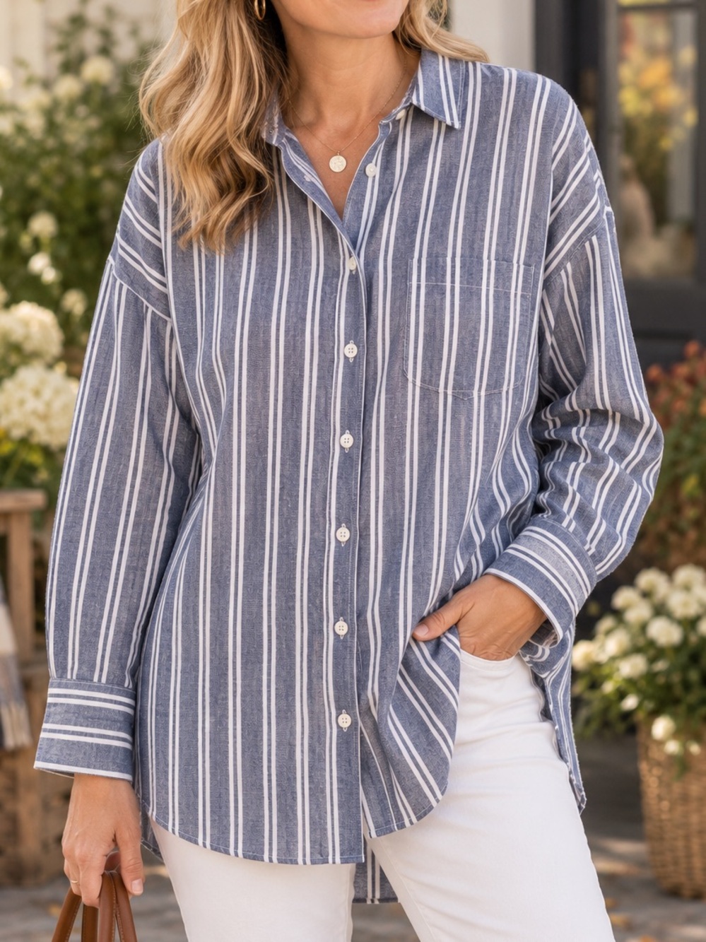 Knix 100% Linen Striped Button Front Oversized Shirt Long Sleeve Women’s Medium